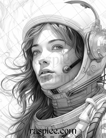 50 Astronaut Girl Portrait Grayscale Coloring Pages Printable for Adults, PDF File Instant Download