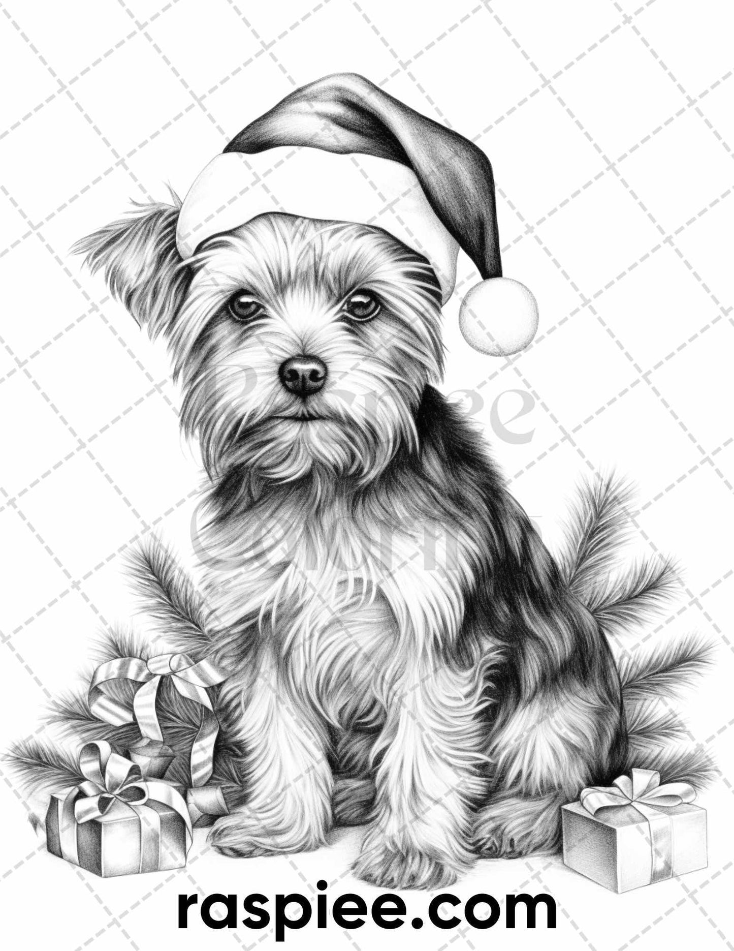 45 Christmas Dogs Grayscale Coloring Pages for Adults, Printable PDF Instant Download