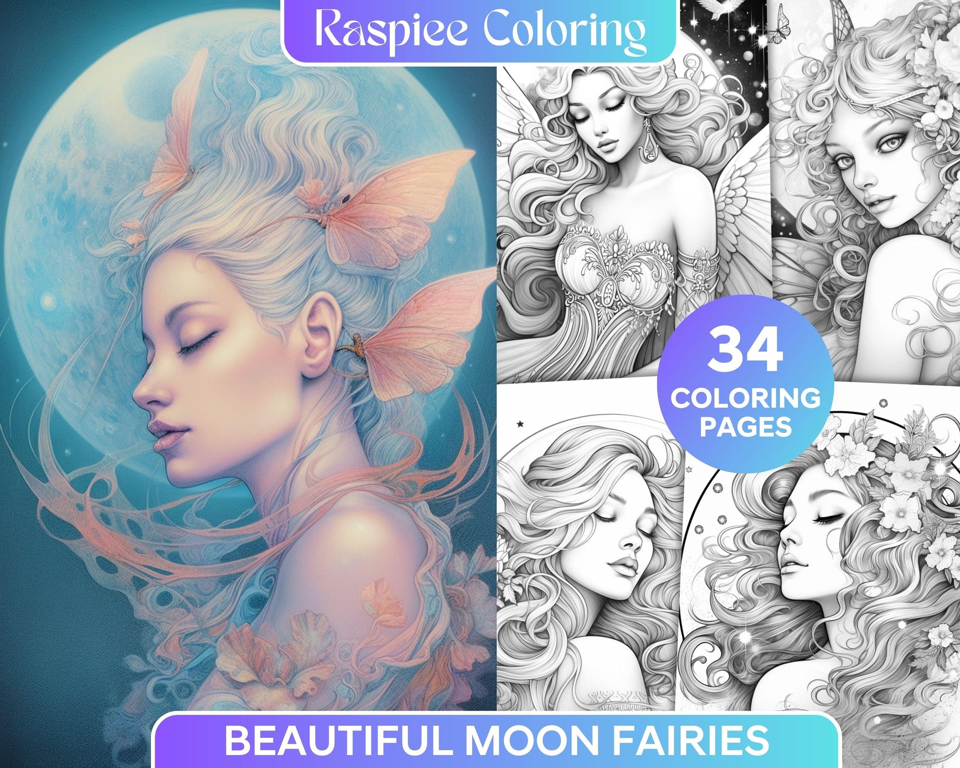 34 Beautiful Moon Fairies Grayscale Coloring Pages Printable for Adults, PDF File Instant Download