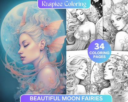 34 Beautiful Moon Fairies Grayscale Coloring Pages Printable for Adults, PDF File Instant Download