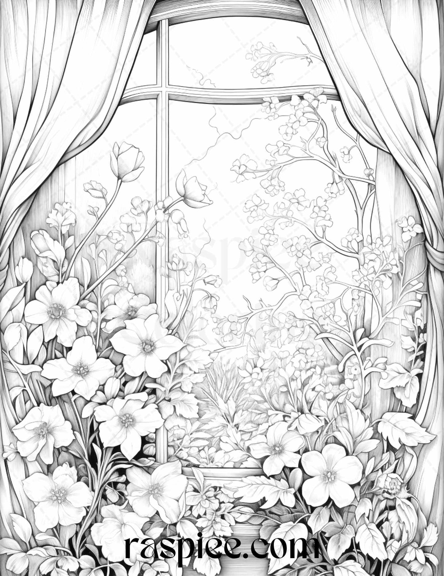 50 Blooming Windows Grayscale Coloring Pages Printable for Adults, PDF File Instant Download