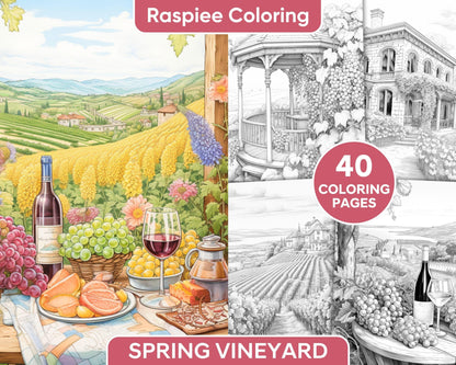 40 Spring Vineyard Grayscale Adult Coloring Pages, Printable PDF Instant Download