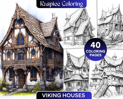 40 Viking Houses Grayscale Coloring Pages Printable for Adults, PDF File Instant Download