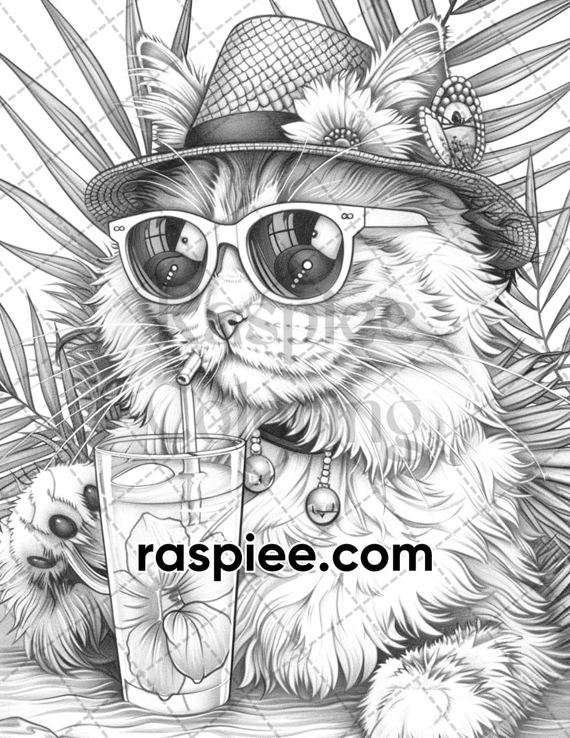 100 Summer Cats Grayscale Adult Coloring Pages, Printable PDF Instant Download