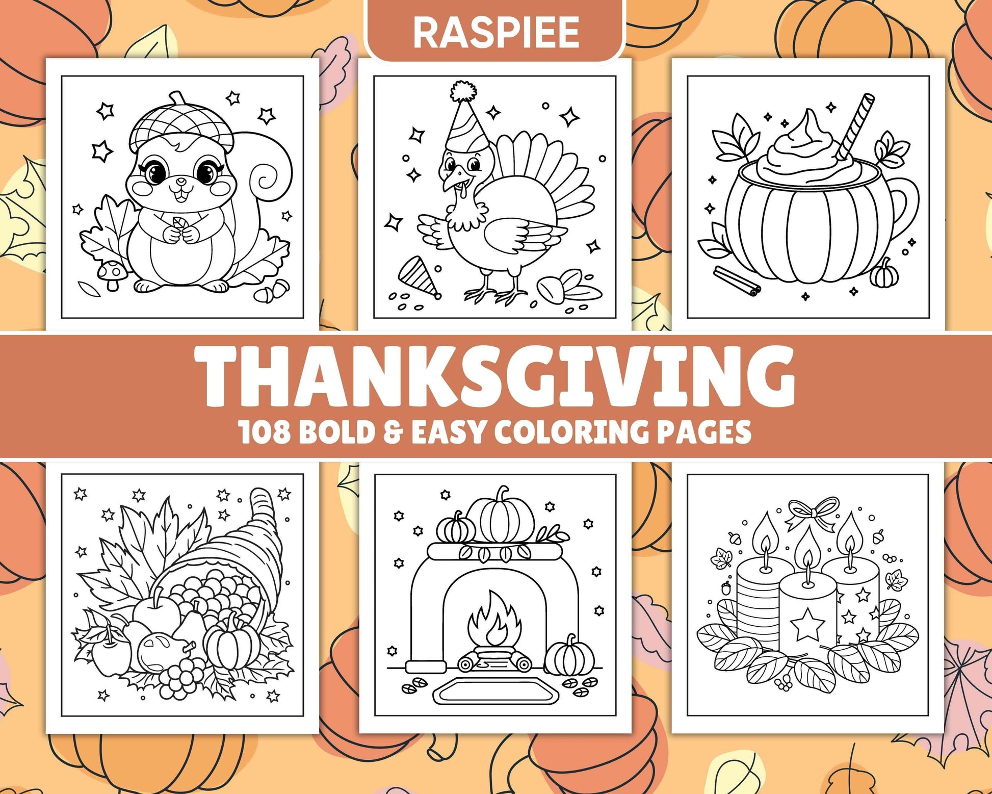 108 Bold and Easy Thanksgiving Coloring Pages Printable PDF Instant Download