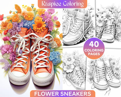 40 Flower Sneakers Grayscale Coloring Pages Printable for Adults, PDF File Instant Download