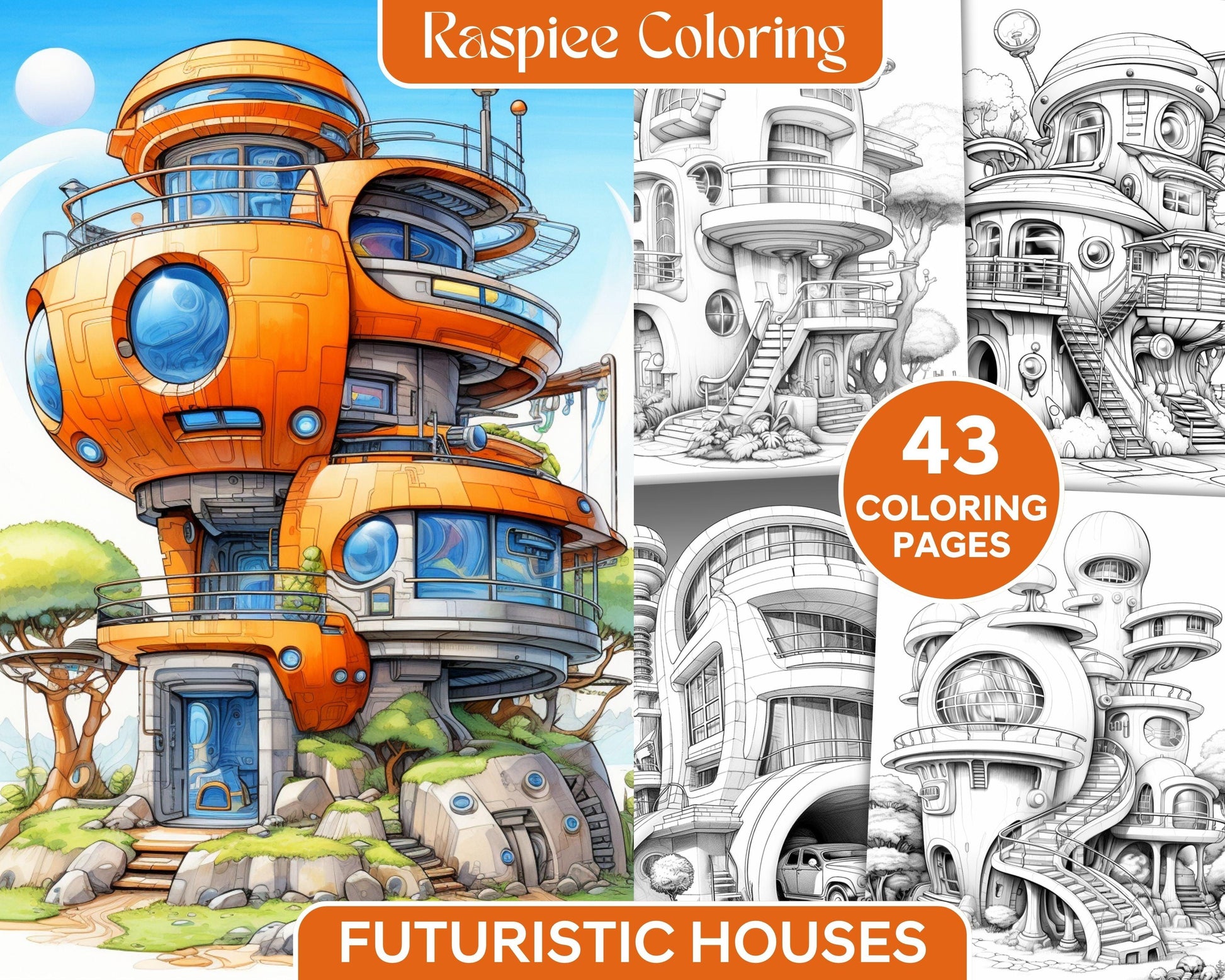 43 Futuristic Houses Grayscale Coloring Pages Printable for Adults, PDF File Instant Download