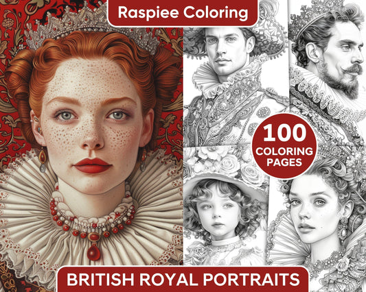 100 Elizabethan British Royal Portraits Grayscale Adult Coloring Pages, Printable PDF Instant Download