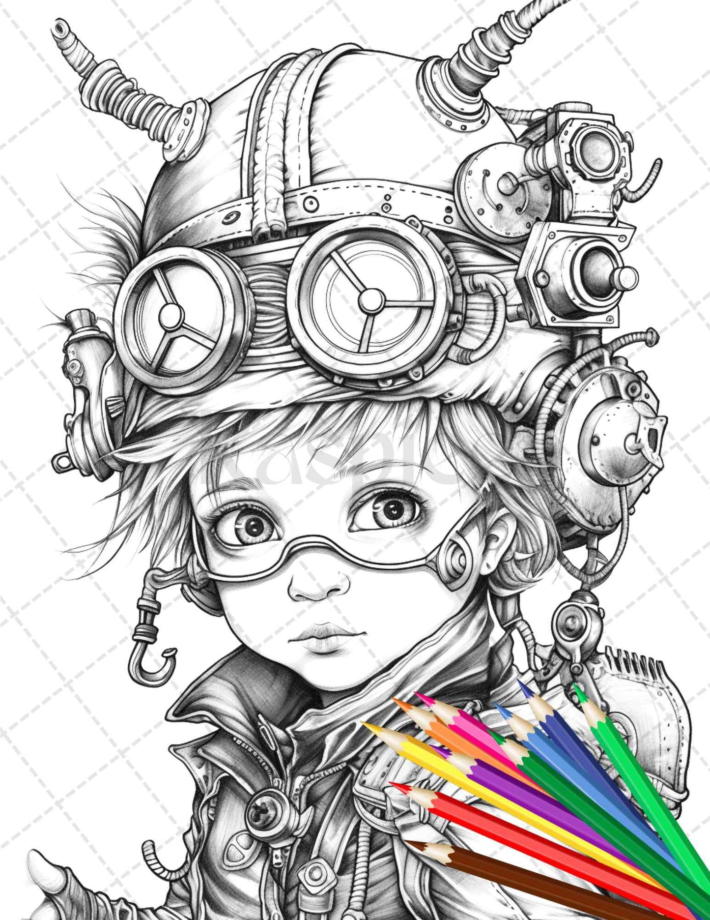 31 Adorable Steampunk Girls Coloring Pages Printable for Adults, Grayscale Coloring Page, PDF File Instant Download