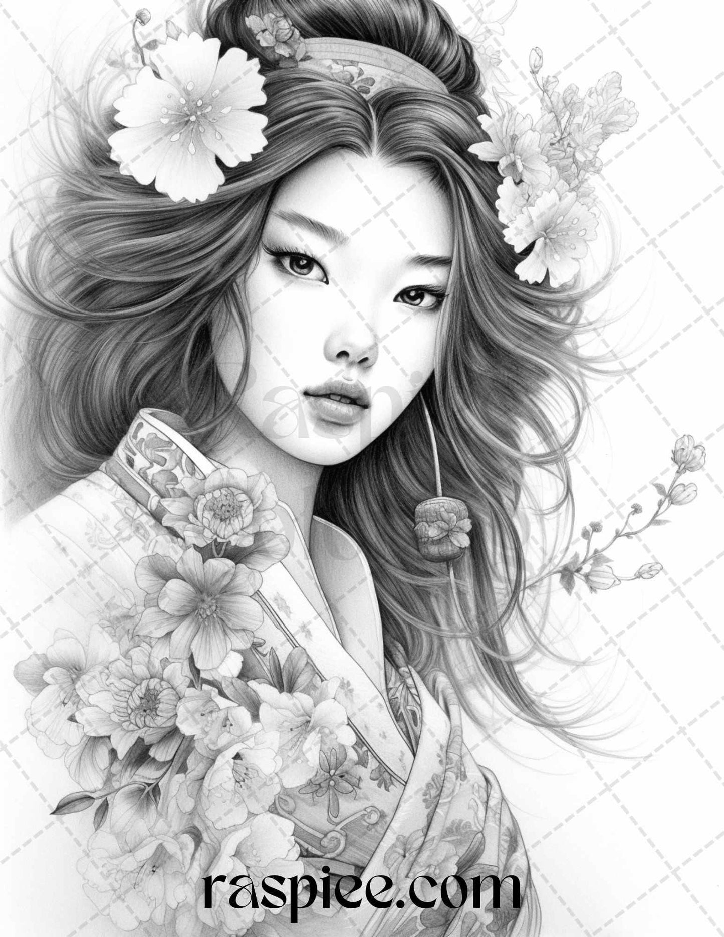 40 Beautiful Japanese Girls Grayscale Coloring Pages Printable for Adults, PDF File Instant Download