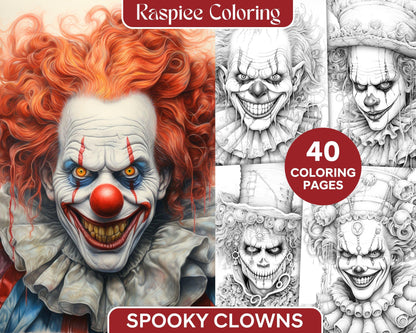 40 Spooky Clowns Grayscale Coloring Pages Printable for Adults, PDF File Instant Download