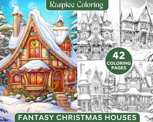 42 Fantasy Christmas Houses Grayscale Coloring Pages Printable for Adults, PDF File Instant Download