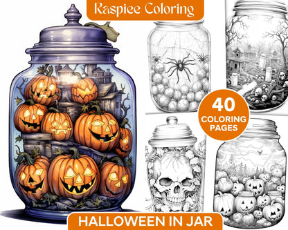 40 Halloween in Jar Grayscale Coloring Pages for Adults, Printable PDF File Instant Download