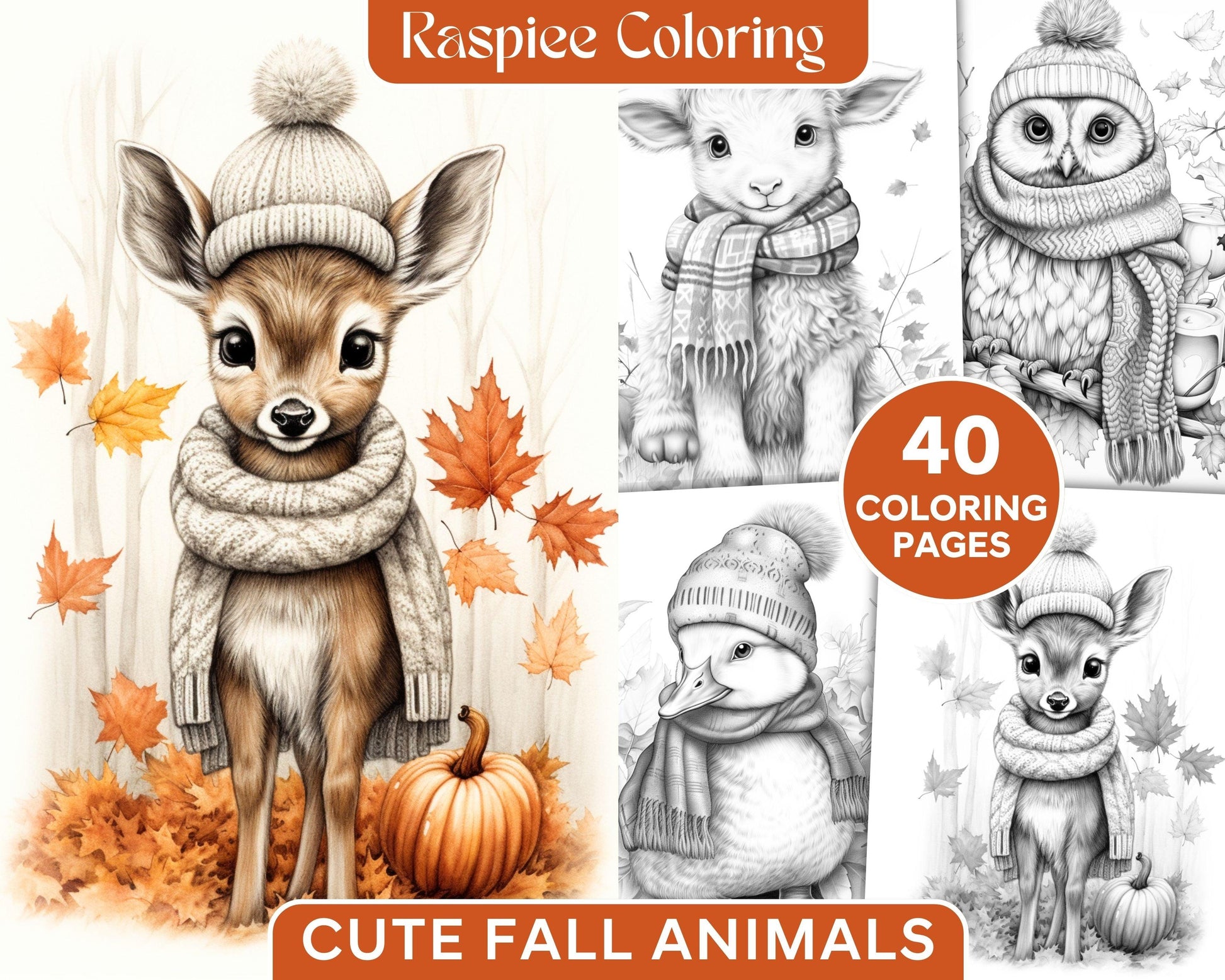 40 Cute Fall Animals Grayscale Coloring Pages Printable for Adults and Kids, PDF File Instant Download