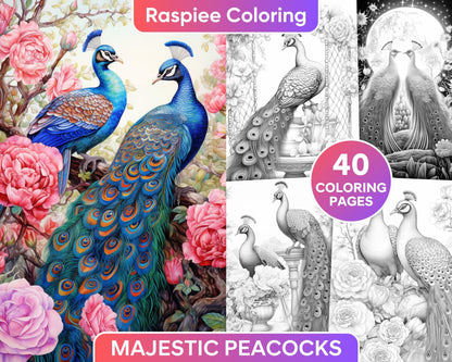 40 Majestic Peacocks Grayscale Adult Coloring Pages, Printable PDF Instant Download