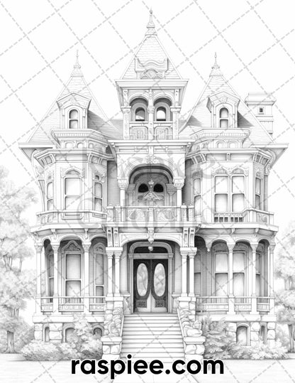 40 Victorian Mansions Grayscale Coloring Pages for Adults, Printable PDF Instant Download