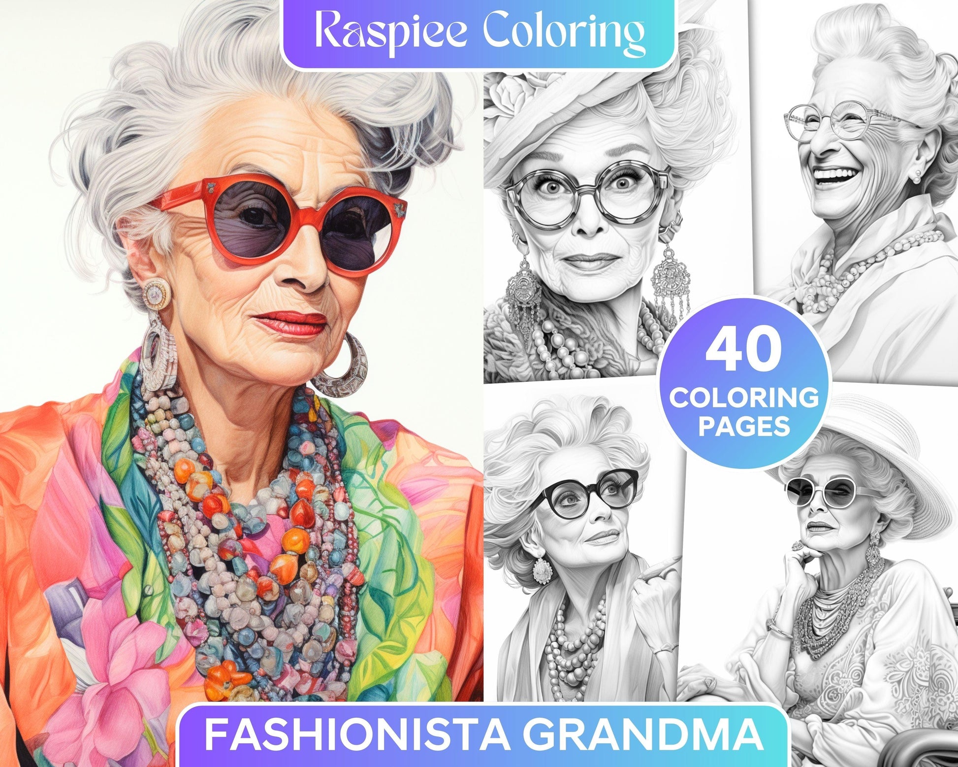 40 Fashionista Grandma Grayscale Coloring Pages Printable for Adults, PDF File Instant Download