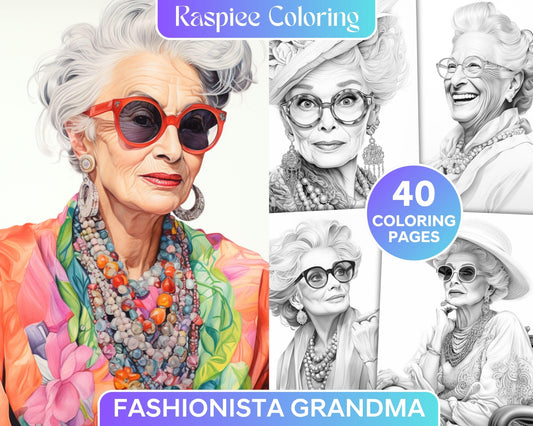 40 Fashionista Grandma Grayscale Coloring Pages Printable for Adults, PDF File Instant Download