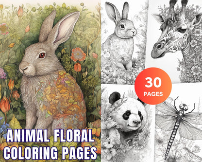 30 Animal Floral Printable Coloring Pages for Adults, Grayscale Coloring Book, Printable PDF File Download