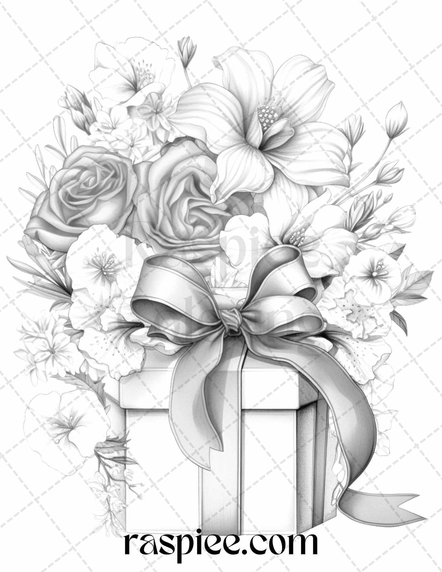 40 Flower Gift Box Grayscale Coloring Pages Printable for Adults Kids, PDF File Instant Download