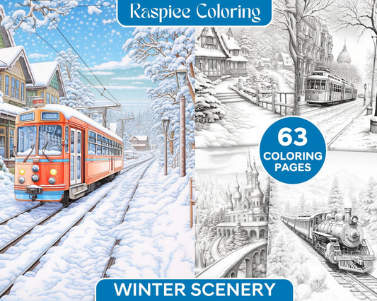 Winter Scenery Grayscale Coloring Pages Printable, Relaxing Snowy Landscapes, PDF File Instant Download