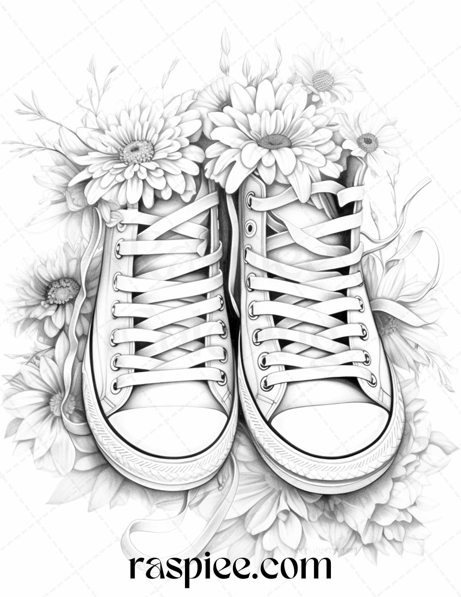 40 Flower Sneakers Grayscale Coloring Pages Printable for Adults, PDF File Instant Download