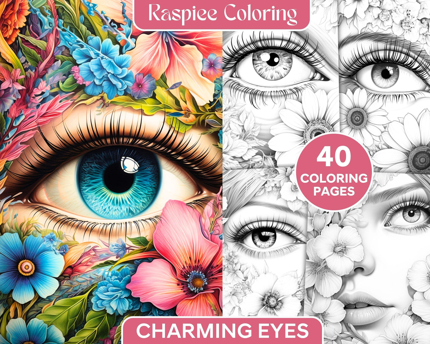 40 Charming Eyes Grayscale Coloring Pages Printable for Adults, PDF File Instant Download