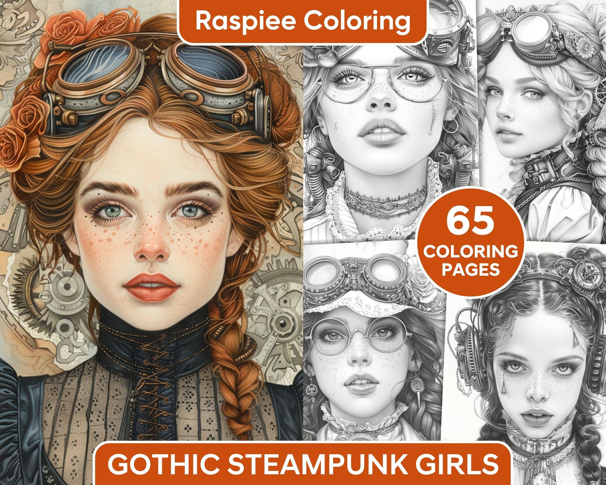 65 Gothic Steampunk Girls Grayscale Adult Coloring Pages, Printable PDF Instant Download