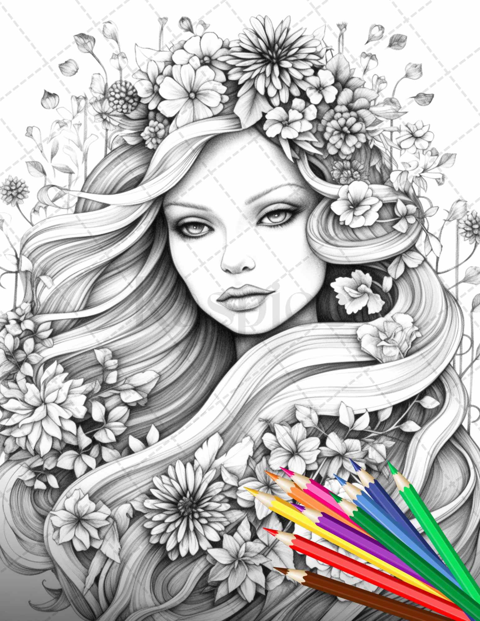 38 Flower Goddess Coloring Pages Printable for Adults, Grayscale Coloring Page, PDF File Instant Download