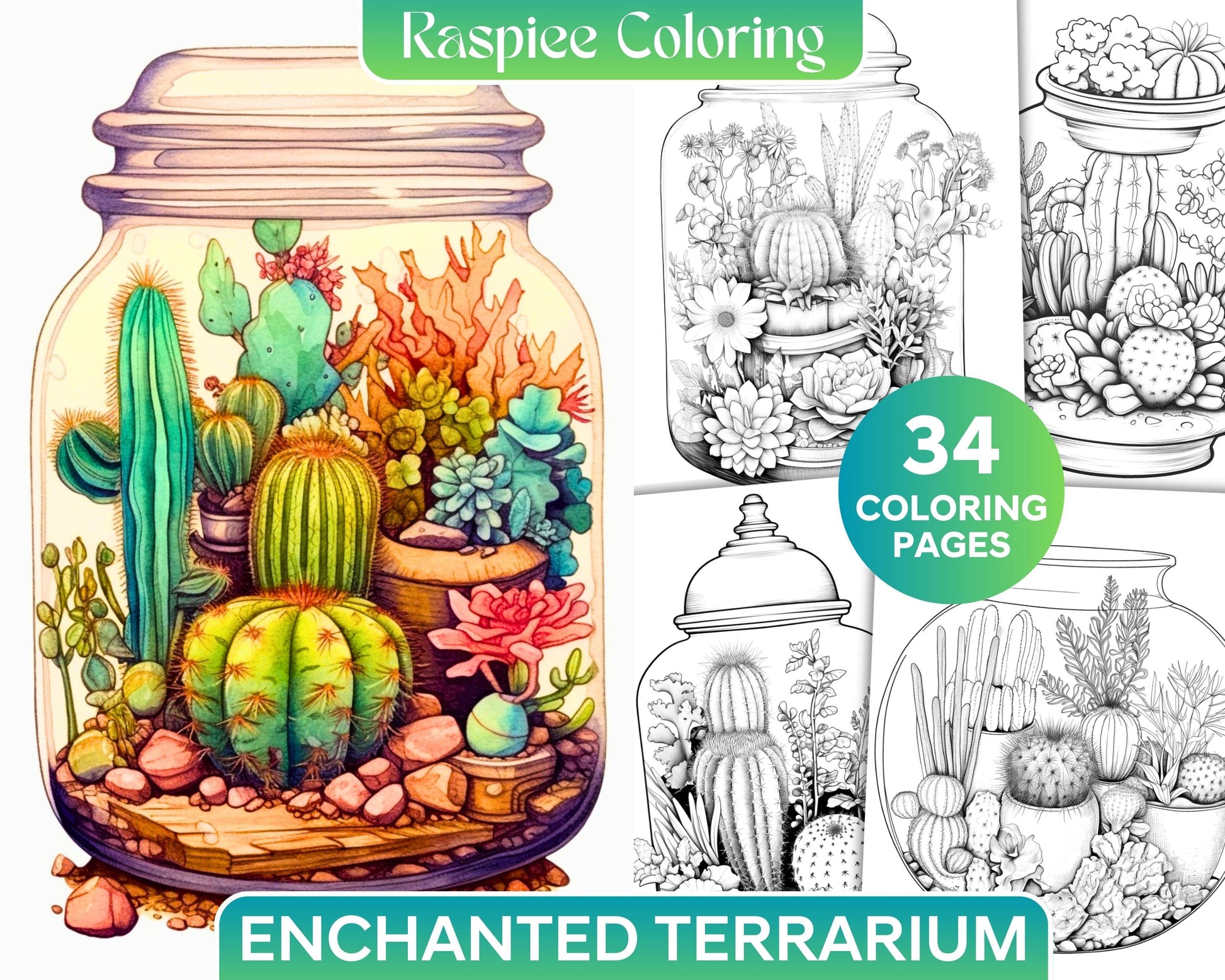 34 Enchanted Terrarium Grayscale Coloring Pages Printable for Adults, PDF File Instant Download