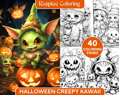 40 Halloween Creepy Kawaii Grayscale Coloring Pages for Adults and Kids, Printable PDF File Instant Download