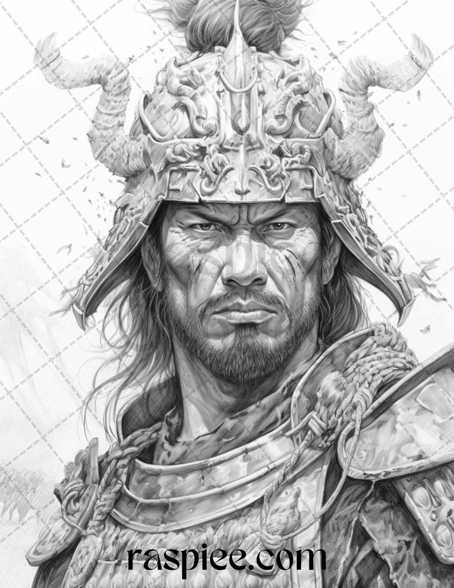 42 Japanese Samurai Grayscale Coloring Pages for Adults, Printable PDF File Instant Download