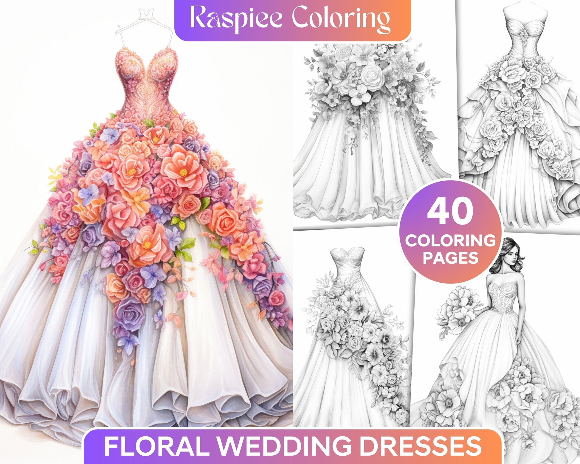 40 Elegant Floral Wedding Dresses Grayscale Coloring Pages Printable for Adults, PDF File Instant Download