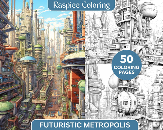 50 Futuristic Metropolis Grayscale Coloring Pages Printable for Adults, PDF File Instant Download