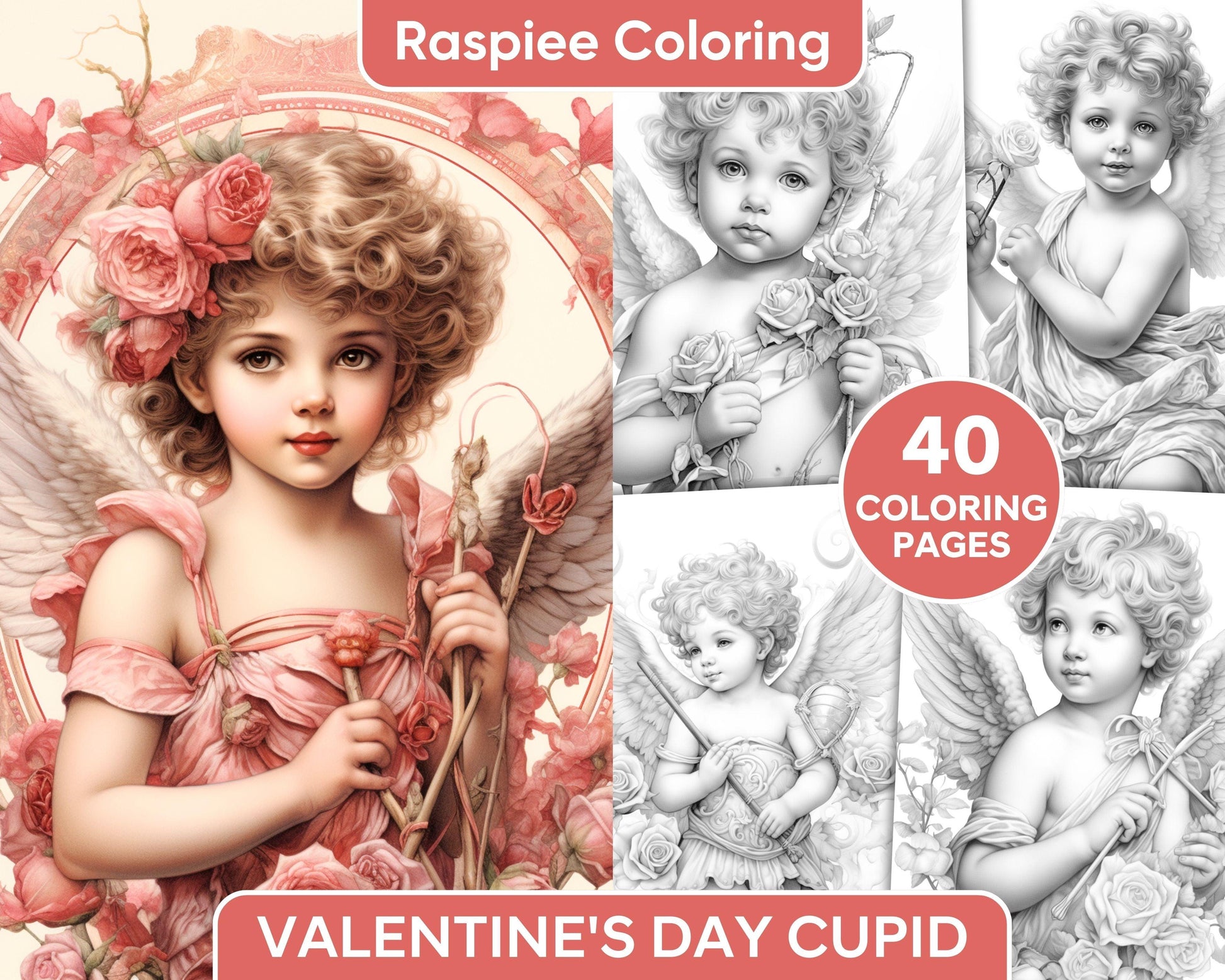 40 Valentine's Day Cupid Grayscale Adult Coloring Pages, Printable PDF Instant Download