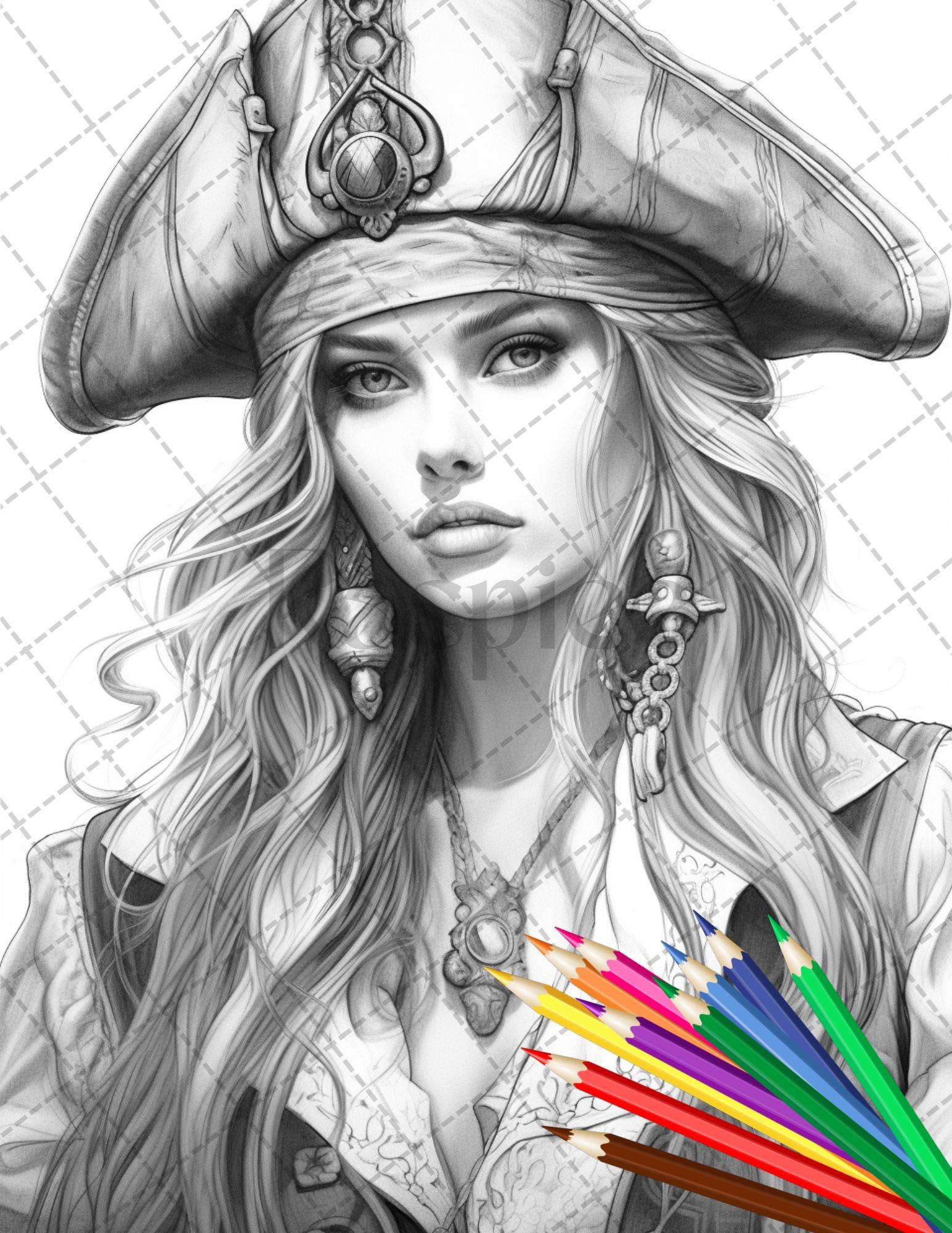 48 Beautiful Pirate Princess Coloring Book Printable for Adults, Grayscale Coloring Page, PDF File Instant Download