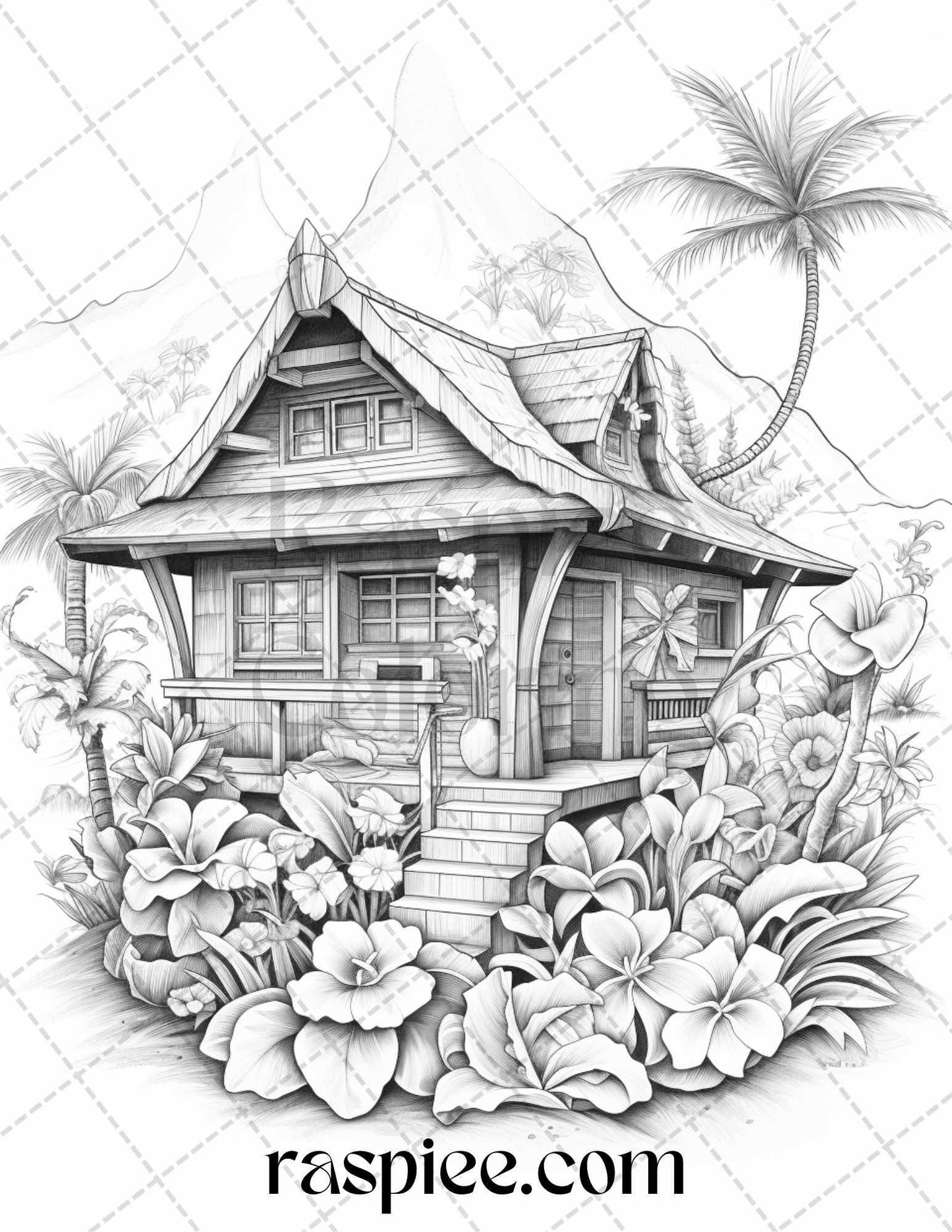 40 Hawaii Tiki Houses Grayscale Coloring Pages Printable for Adults, PDF File Instant Download