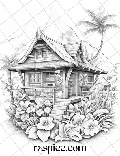 40 Hawaii Tiki Houses Grayscale Coloring Pages Printable for Adults, PDF File Instant Download