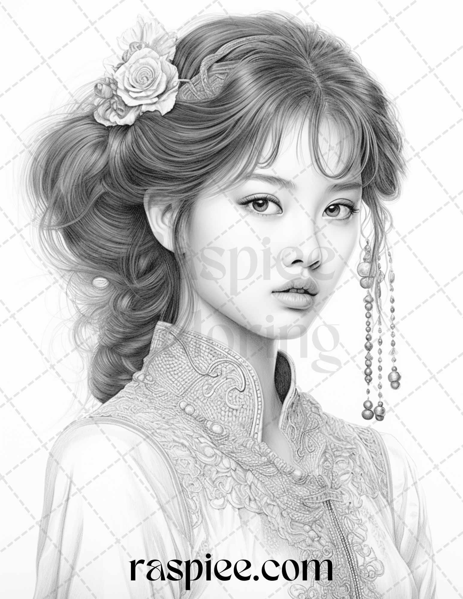 40 Beautiful Chinese Girls Grayscale Coloring Pages for Adults, Printable PDF File Instant Download