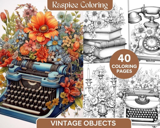 40 Vintage Objects Grayscale Coloring Pages Printable for Adults, PDF File Instant Download