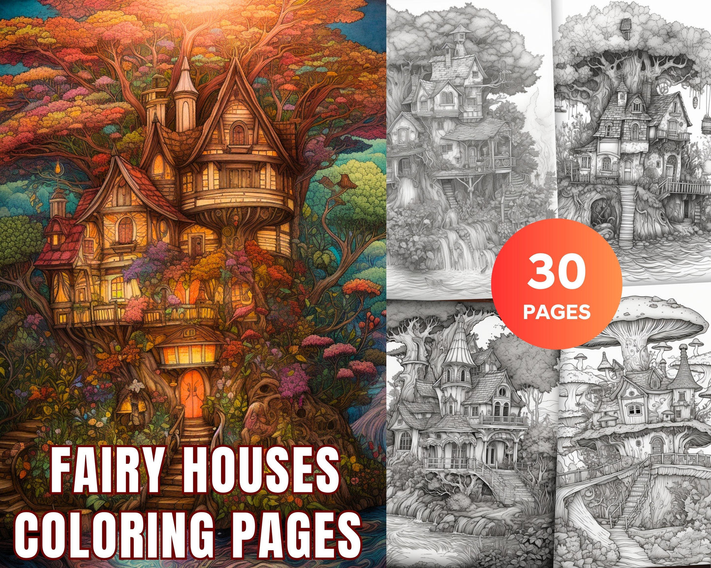 30 Fantasy Fairy Houses Coloring Page Book, Printable Adult Coloring Pages, Enchanted Fairy Home Grayscale Coloring Book, Printable PDF File