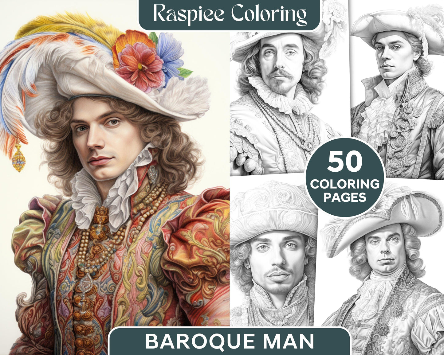 50 Baroque Man Portrait Grayscale Graysale Coloring Pages Printable for Adults, PDF File Instant Download