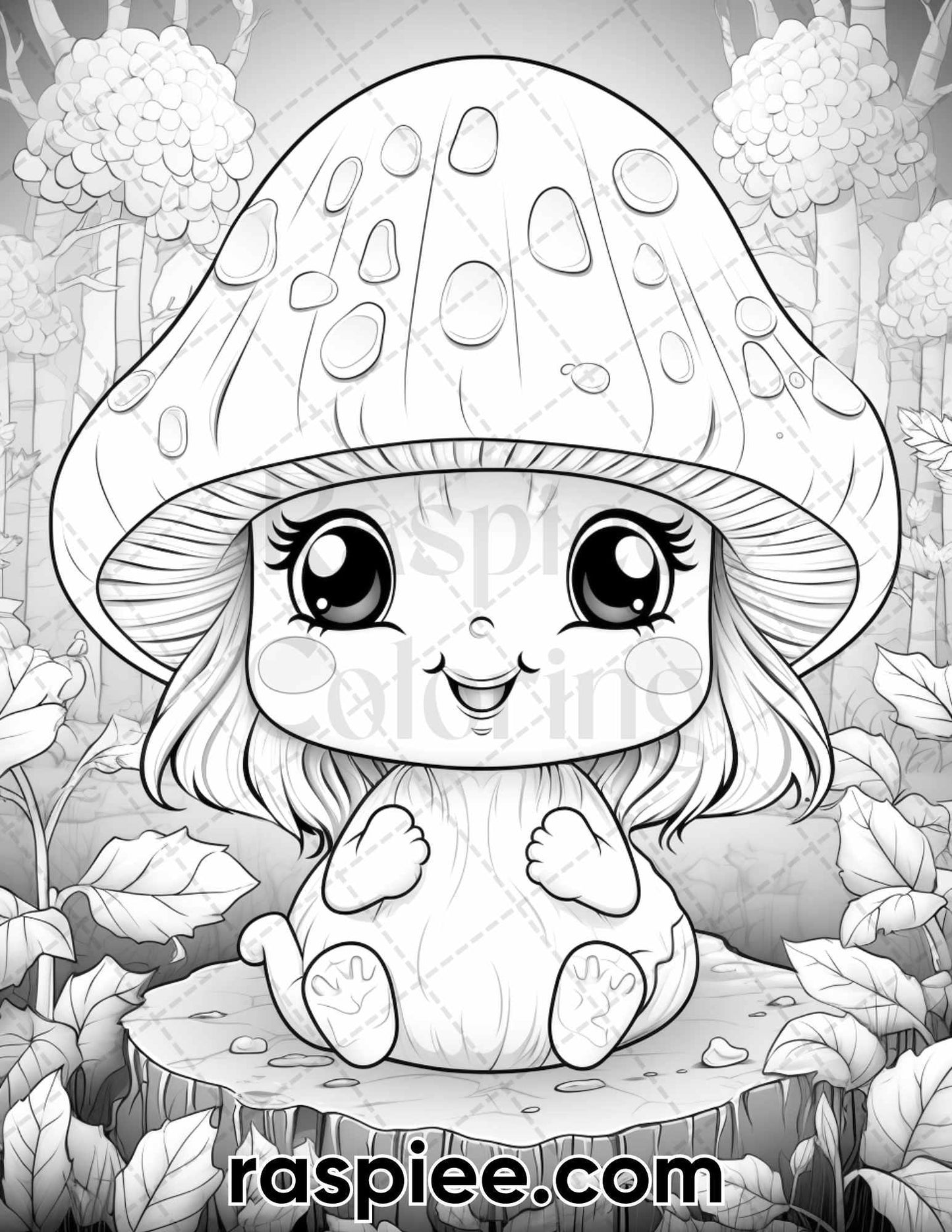 40 Kawaii Mushrooms Grayscale Coloring Pages for Adults, Printable PDF Instant Download