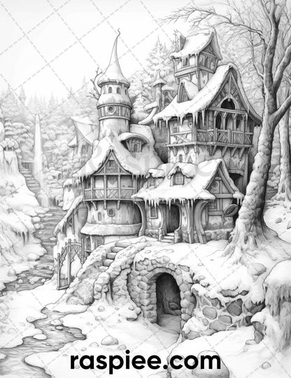 40 Fantasy Winter Village Grayscale Coloring Pages for Adults, PDF File Instant Download