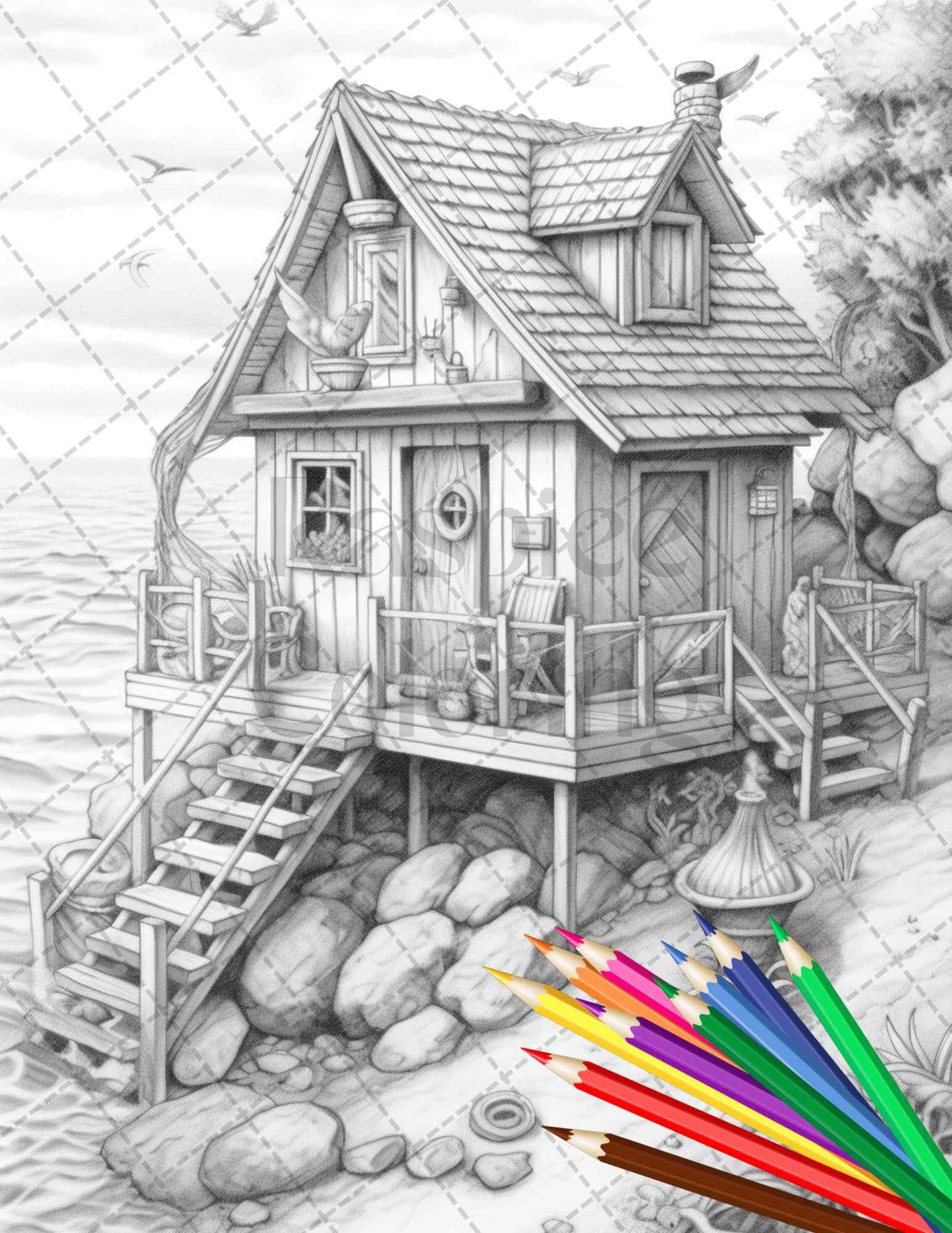 42 Wooden Beach Houses Grayscale Coloring Pages Printable for Adults, PDF File Instant Download