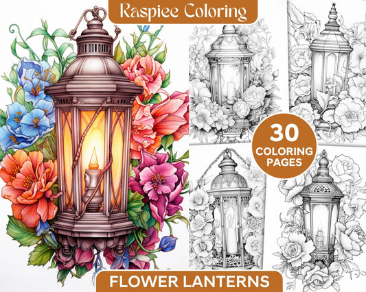 30 Vintage Lantern Flower Grayscale Coloring Pages Printable for Adults, PDF File Instant Download