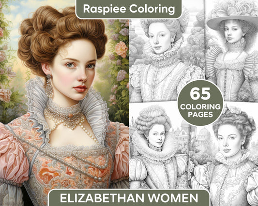 65 Elizabethan Women Portraits Grayscale Adult Coloring Pages, Printable PDF Instant Download