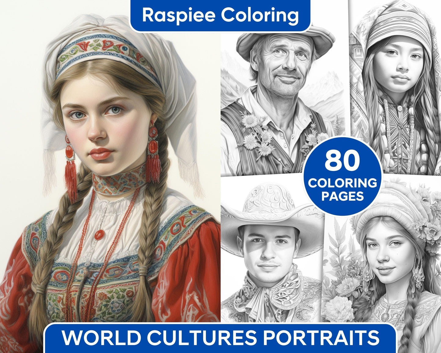 80 World Cultures Portraits Grayscale Adult Coloring Pages, Printable PDF Instant Download