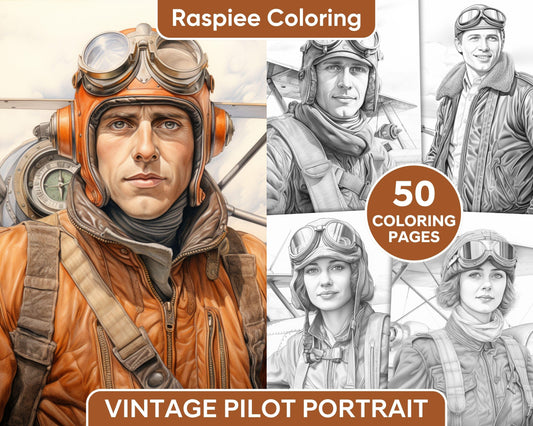 50 Vintage Pilot Portrait Grayscale Adult Coloring Pages, Printable PDF Instant Download