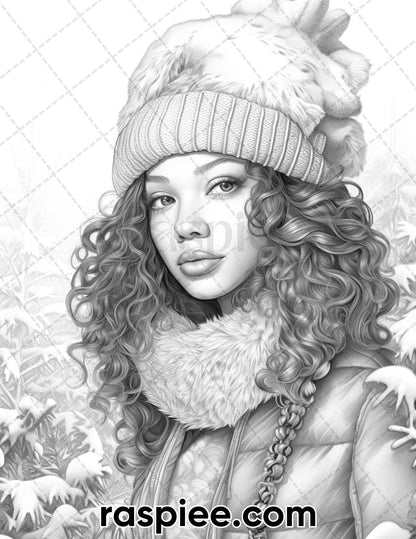 50 Christmas Black Beauties Portrait Grayscale Coloring Pages for Adults, Printable PDF Instant Download